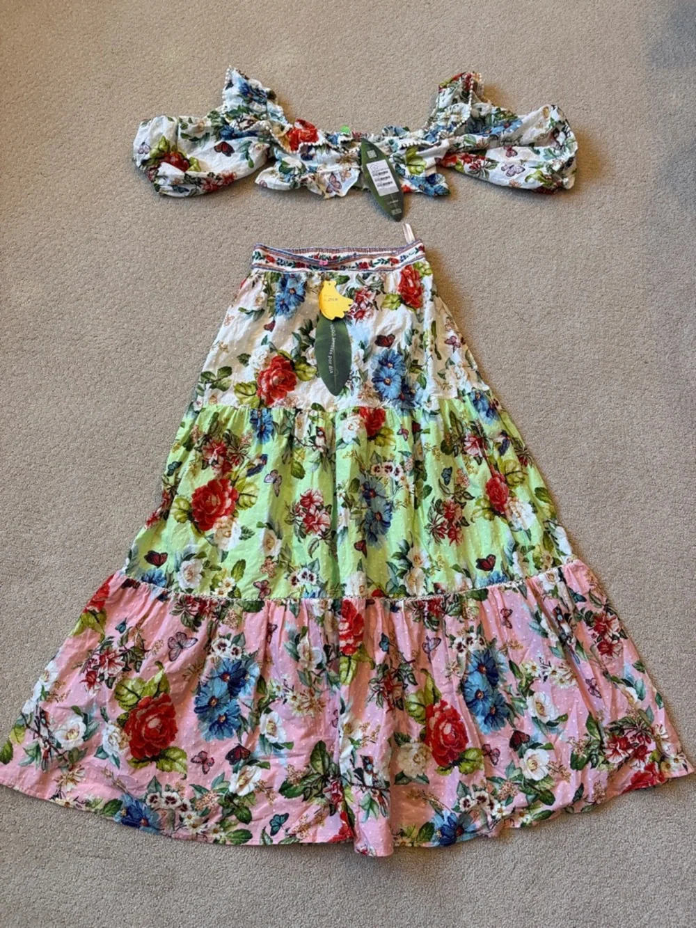 FARM Rio Floral Tiered 2 piece Maxi skirt and top in Pink, Green, White, Blue - Picture 2 of 6